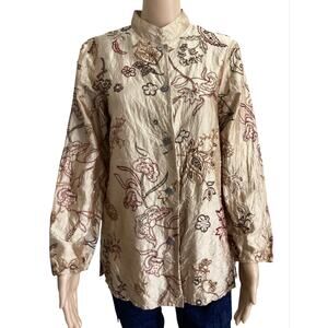 Vintage Yi Lin Silk Mandarin Collar Blouse Floral Embroidery Beaded Top size XS